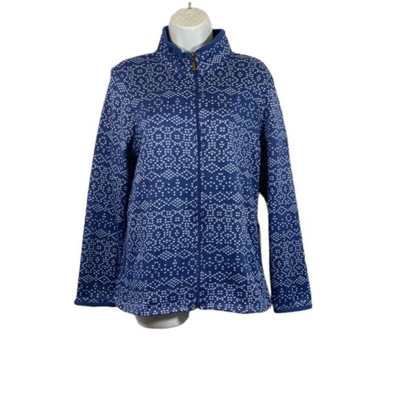 Stan Herman Size Medium Jacket Fleece Full Zip Front Blue White Print Pockets - Picture 1 of 10